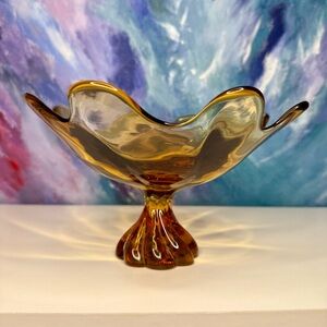 Viking Glass Amber Compote Mid Century Epic Twist Base Pedestal 8 Petal Vintage